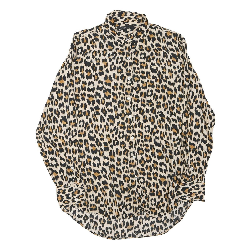 ZARA Womens Beige & Brown Leopard Print Shirt Long Sleeve Collared XS Animal