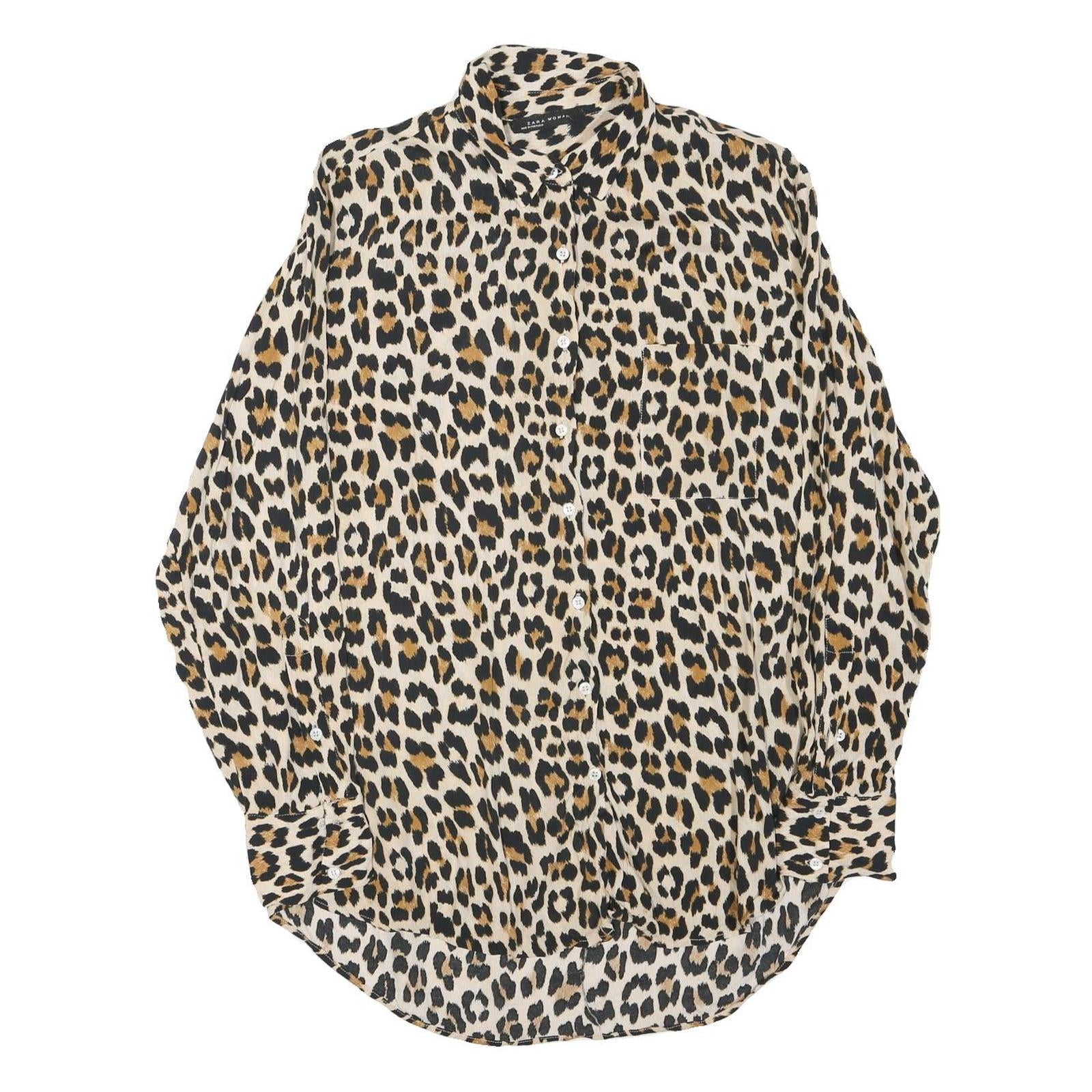 ZARA Womens Beige & Brown Leopard Print Shirt Long Sleeve Collared XS Animal