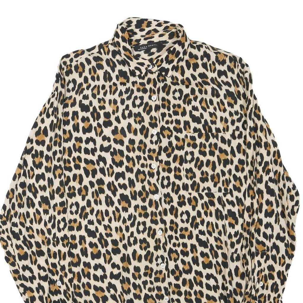 ZARA Womens Beige & Brown Leopard Print Shirt Long Sleeve Collared XS Animal