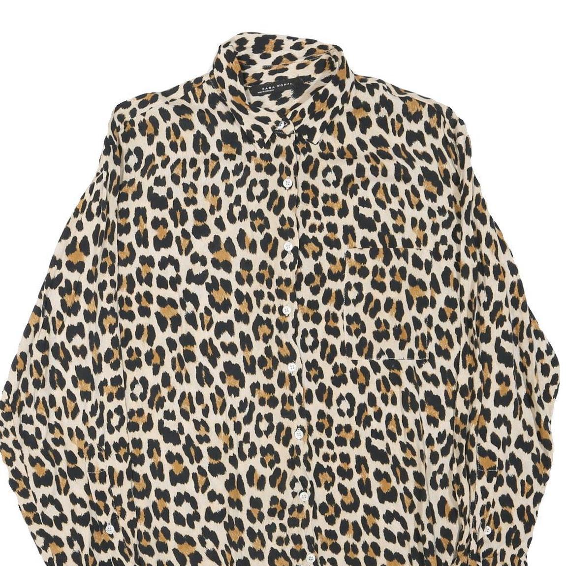 ZARA Womens Beige & Brown Leopard Print Shirt Long Sleeve Collared XS Animal