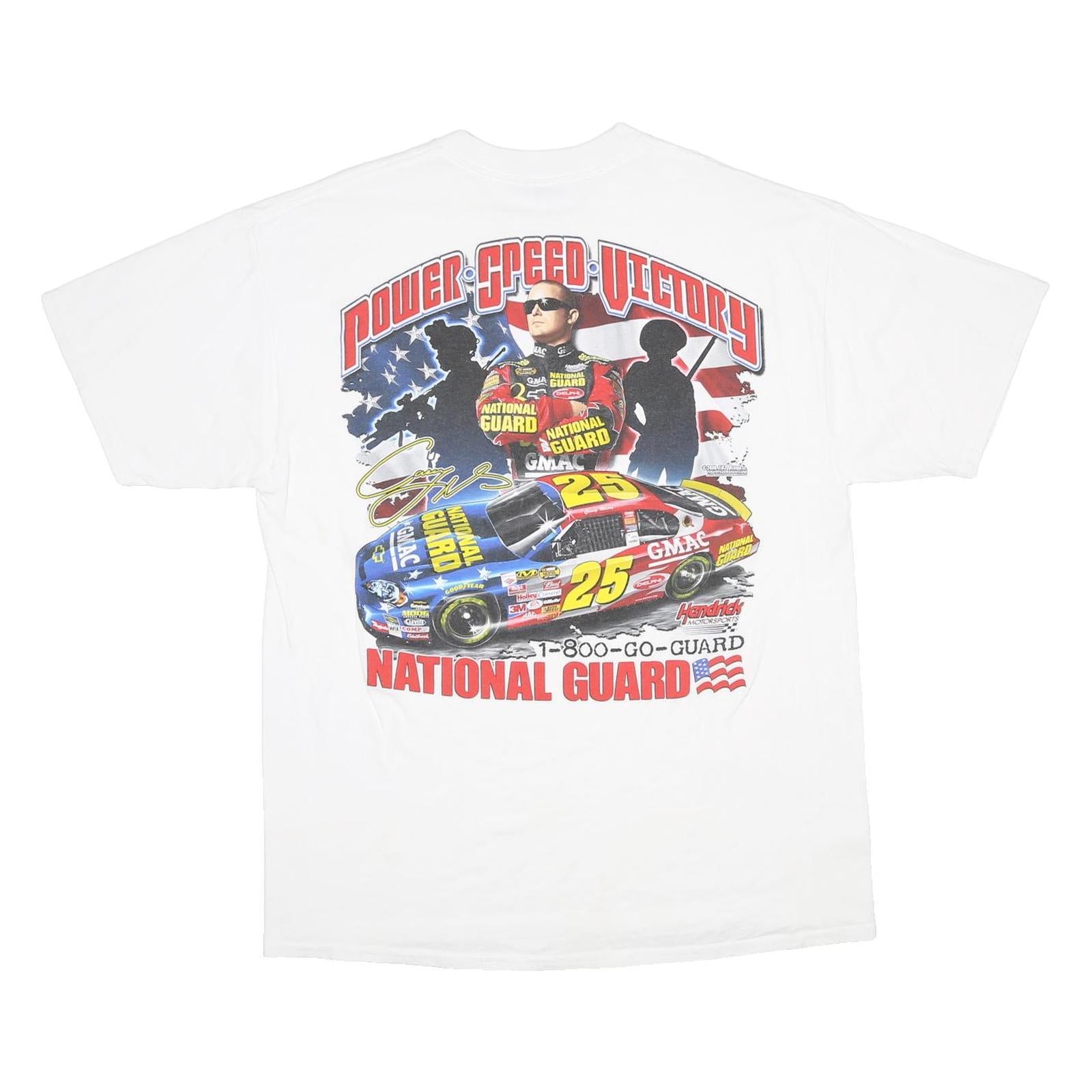 JERZEES Mens White National Guard Racing Graphic T-Shirt L Short Sleeve Crew