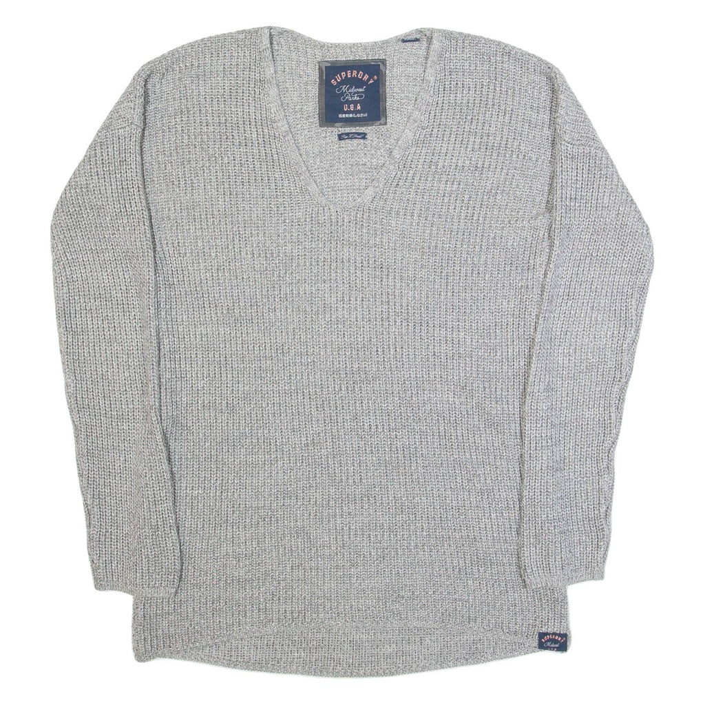 SUPERDRY Womens Jumper Grey V-Neck Tight Knit XS