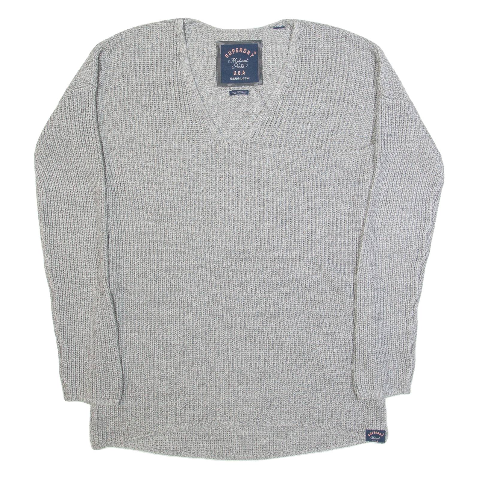SUPERDRY Womens Jumper Grey V-Neck Tight Knit XS