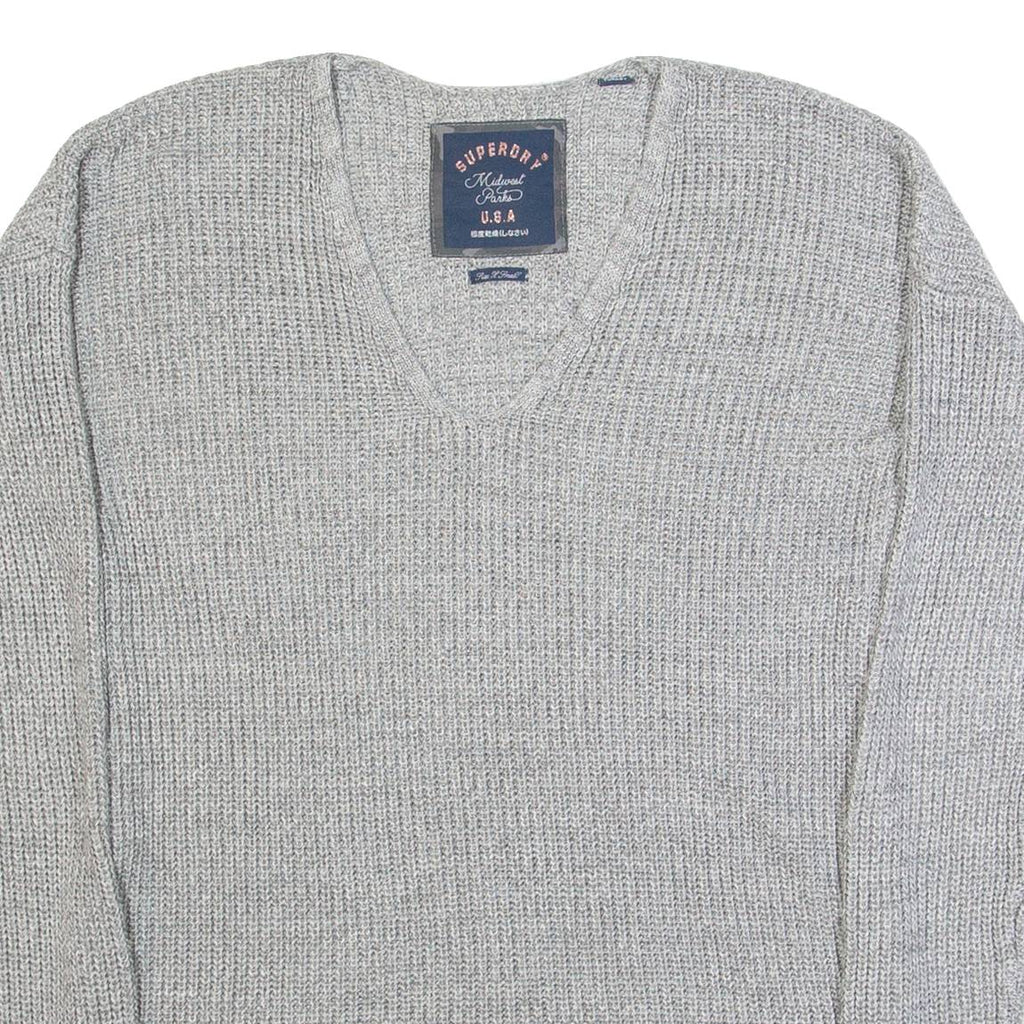 SUPERDRY Womens Jumper Grey V-Neck Tight Knit XS