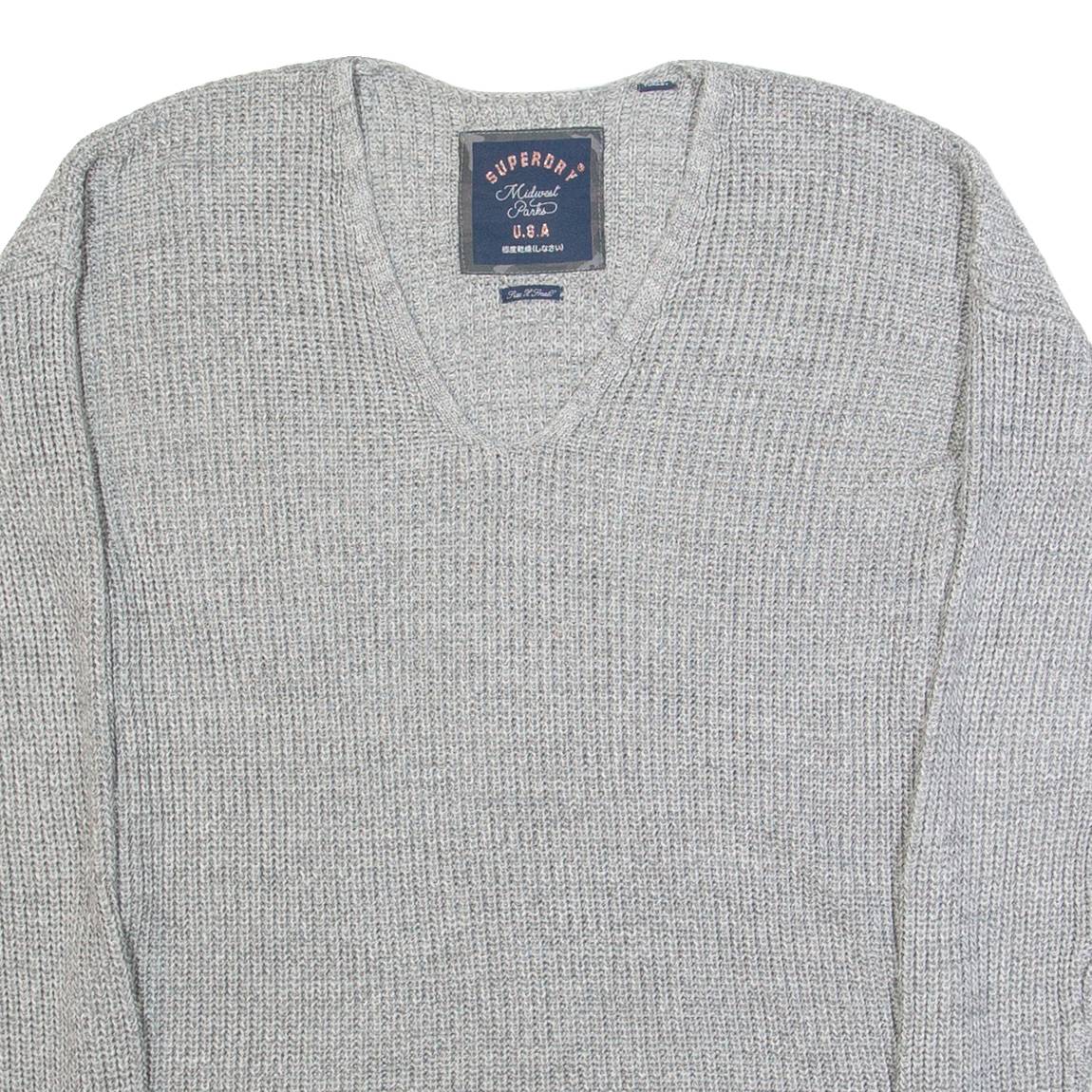 SUPERDRY Womens Jumper Grey V-Neck Tight Knit XS