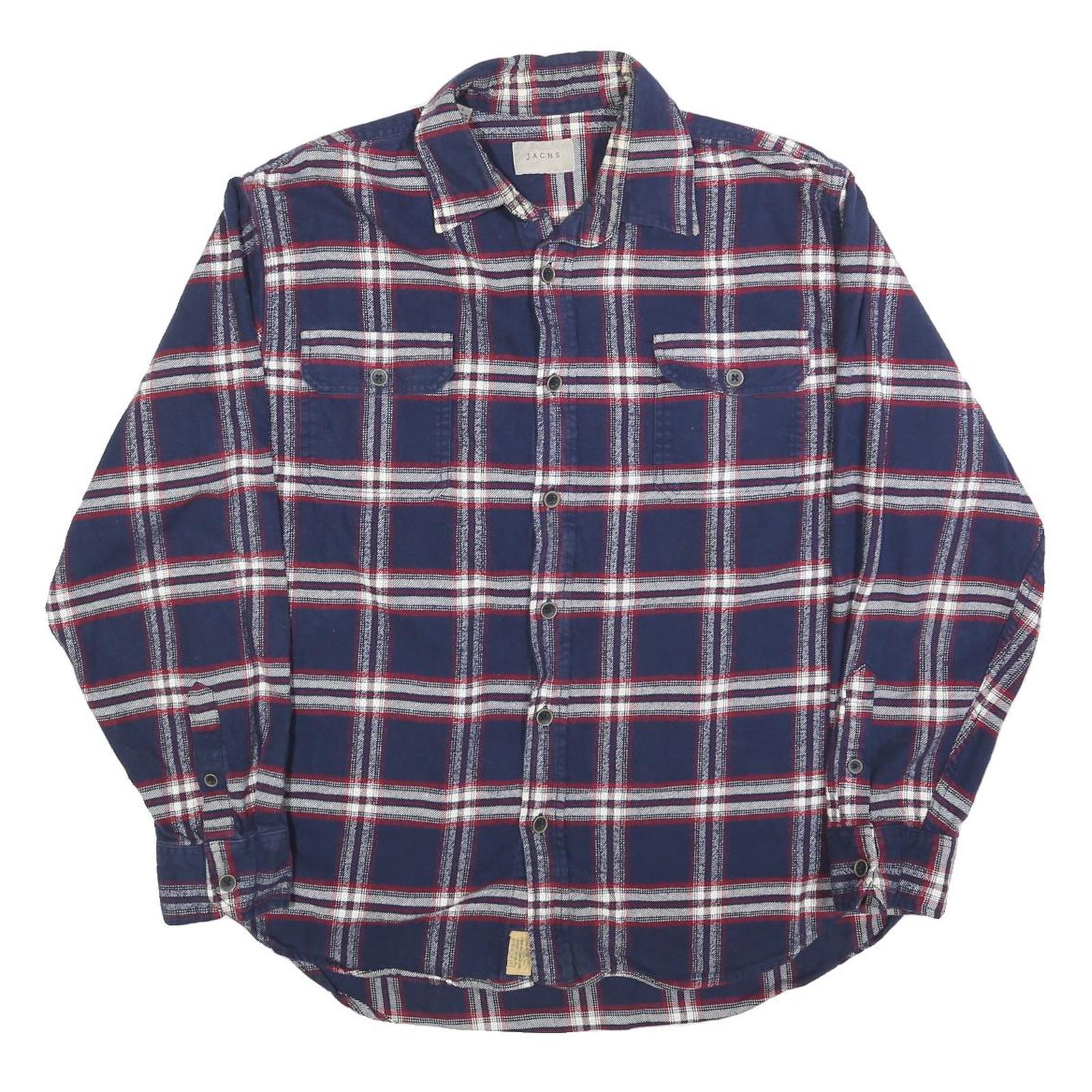 JACHS Mens Blue White & Red Check Shirt Long Sleeve Cotton Blend L Casual