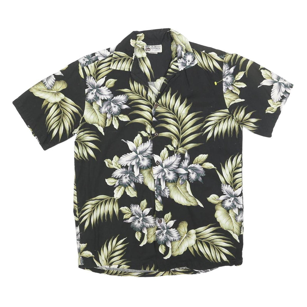 ALOHA REPUBLIC Mens Black Green Floral Hawaiian Shirt S Summer Cotton Blend