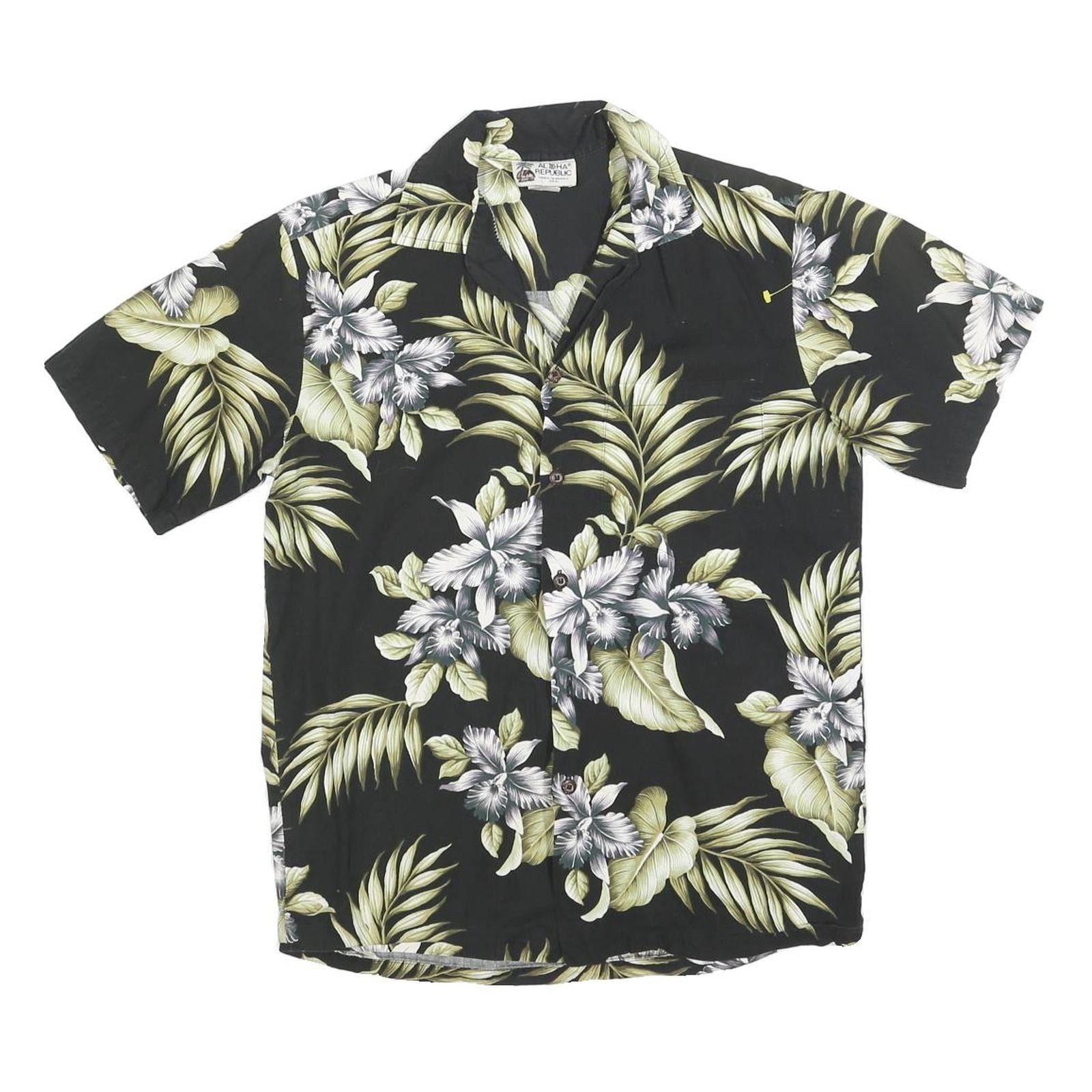ALOHA REPUBLIC Mens Black Green Floral Hawaiian Shirt S Summer Cotton Blend