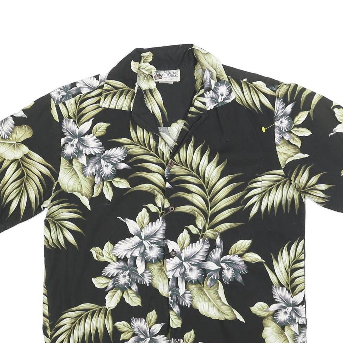 ALOHA REPUBLIC Mens Black Green Floral Hawaiian Shirt S Summer Cotton Blend