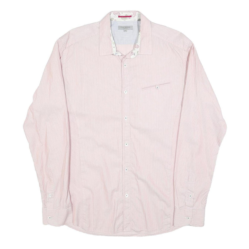 TED BAKER Mens Pink & White Stripe Shirt L Cotton Blend Long Sleeve Formal