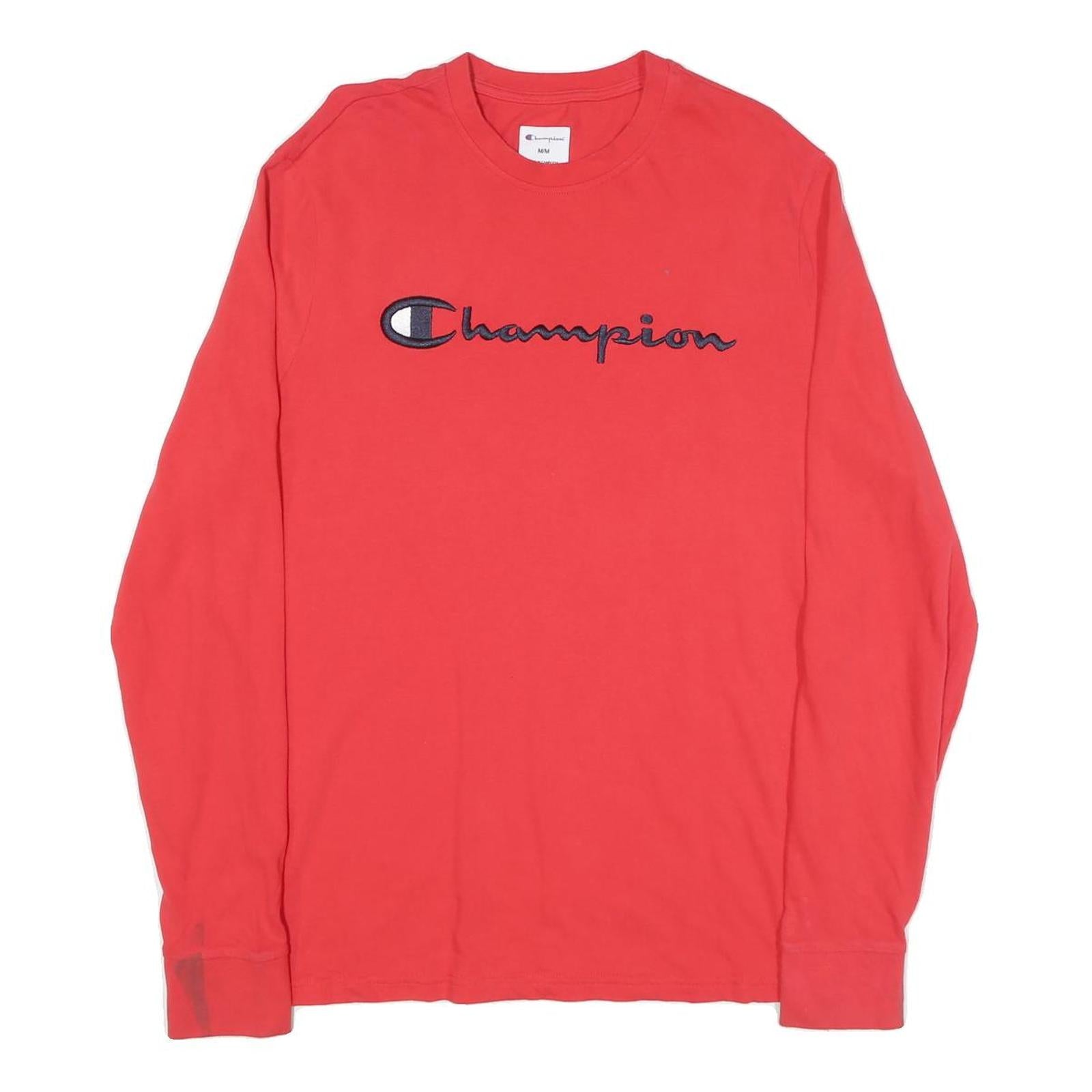 CHAMPION Mens Red Long Sleeve Crew Neck Logo T-Shirt M Cotton Blend Casual