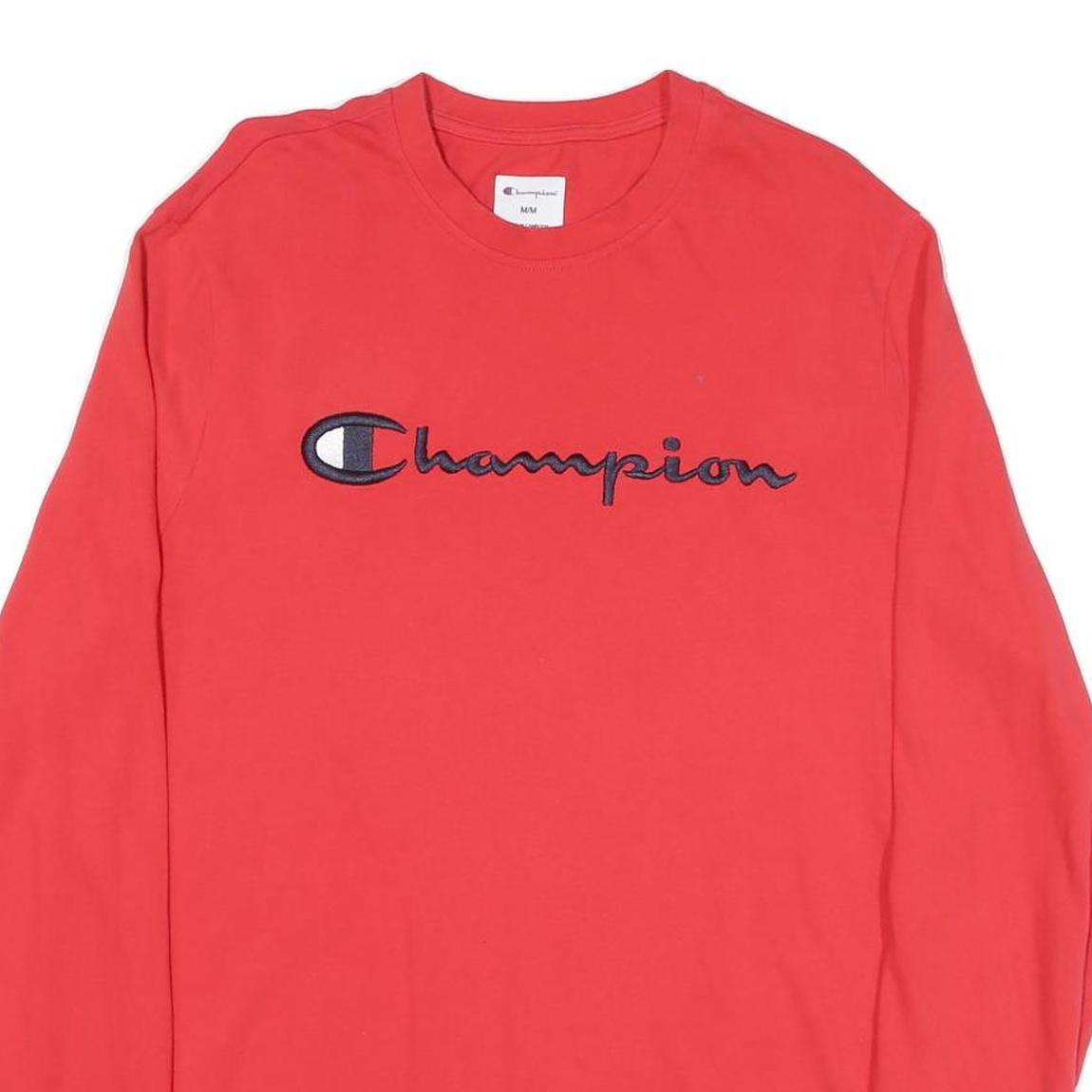 CHAMPION Mens Red Long Sleeve Crew Neck Logo T-Shirt M Cotton Blend Casual