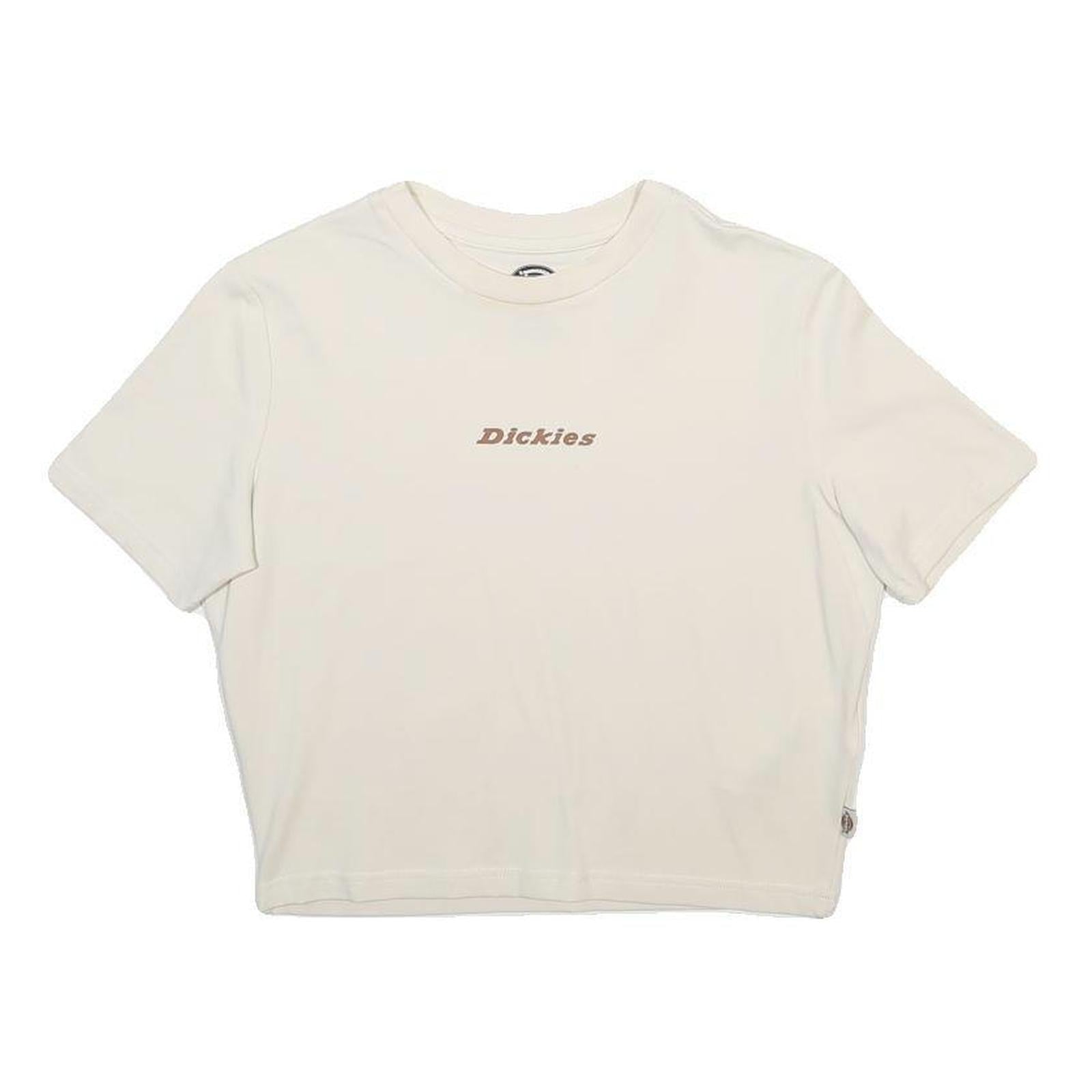 DICKIES Womens Cream Crop T-Shirt L Short Sleeve Crew Neck Logo Graphic