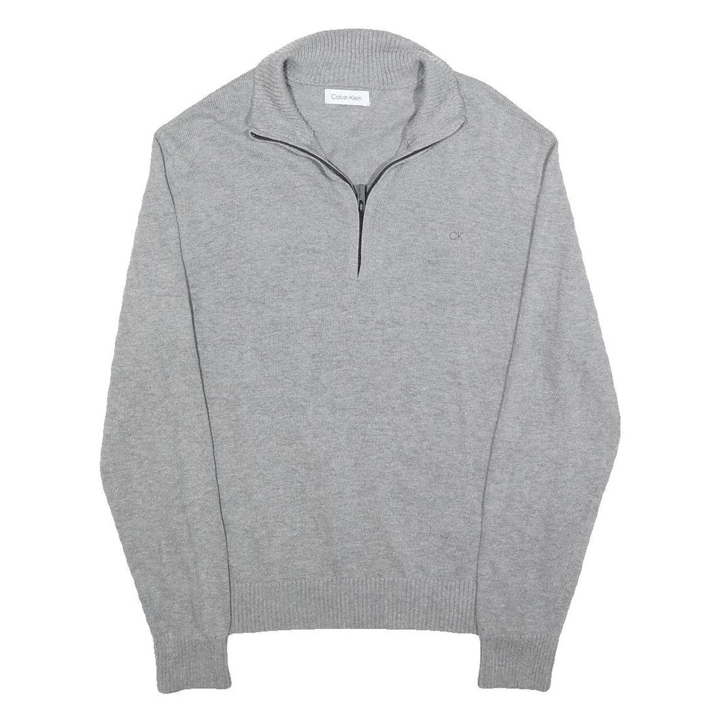 CALVIN KLEIN Mens Grey Pullover Plain 1/4 Zip Jumper Cotton Blend M Slim Fit