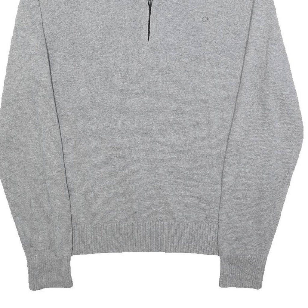 CALVIN KLEIN Mens Grey Pullover Plain 1/4 Zip Jumper Cotton Blend M Slim Fit