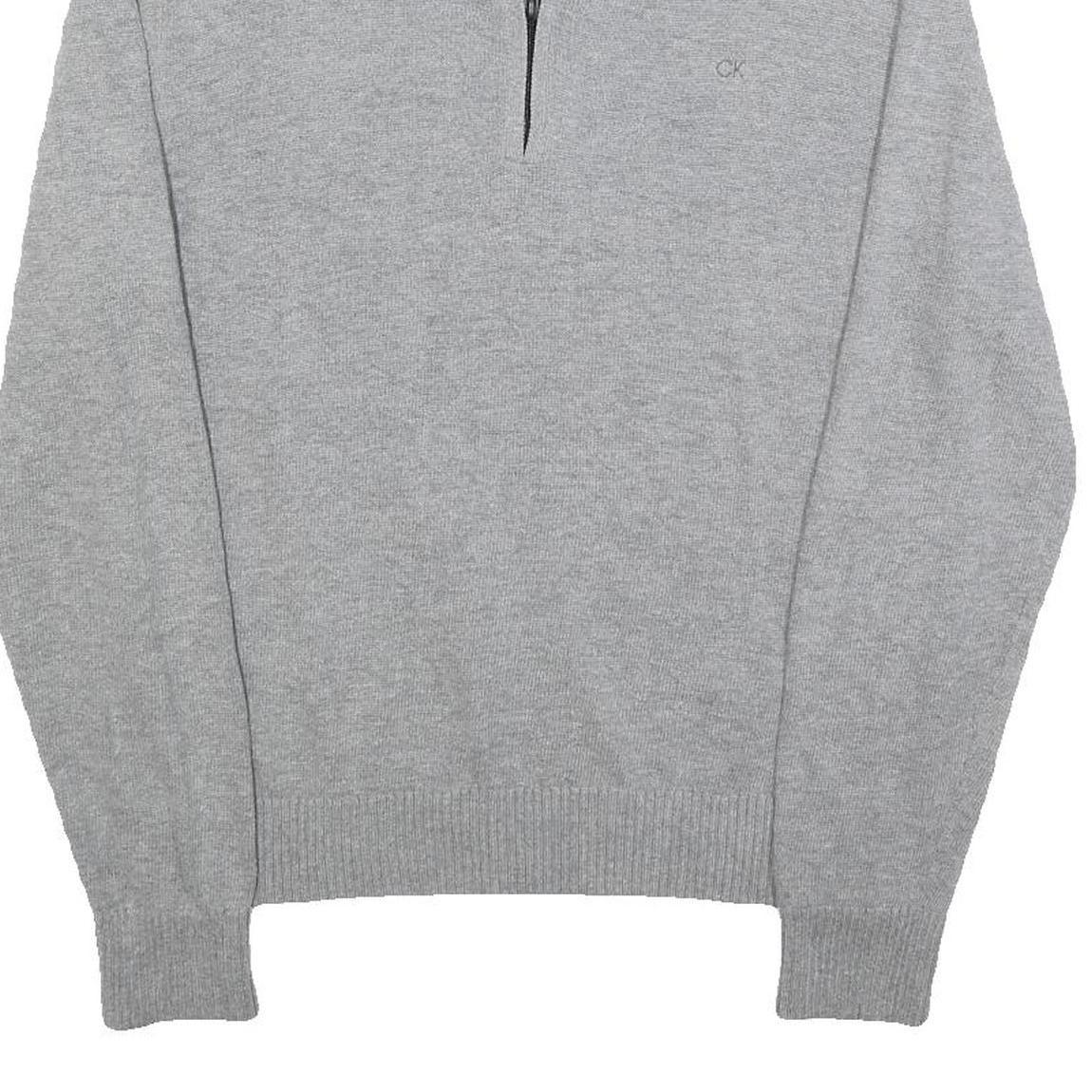 CALVIN KLEIN Mens Grey Pullover Plain 1/4 Zip Jumper Cotton Blend M Slim Fit