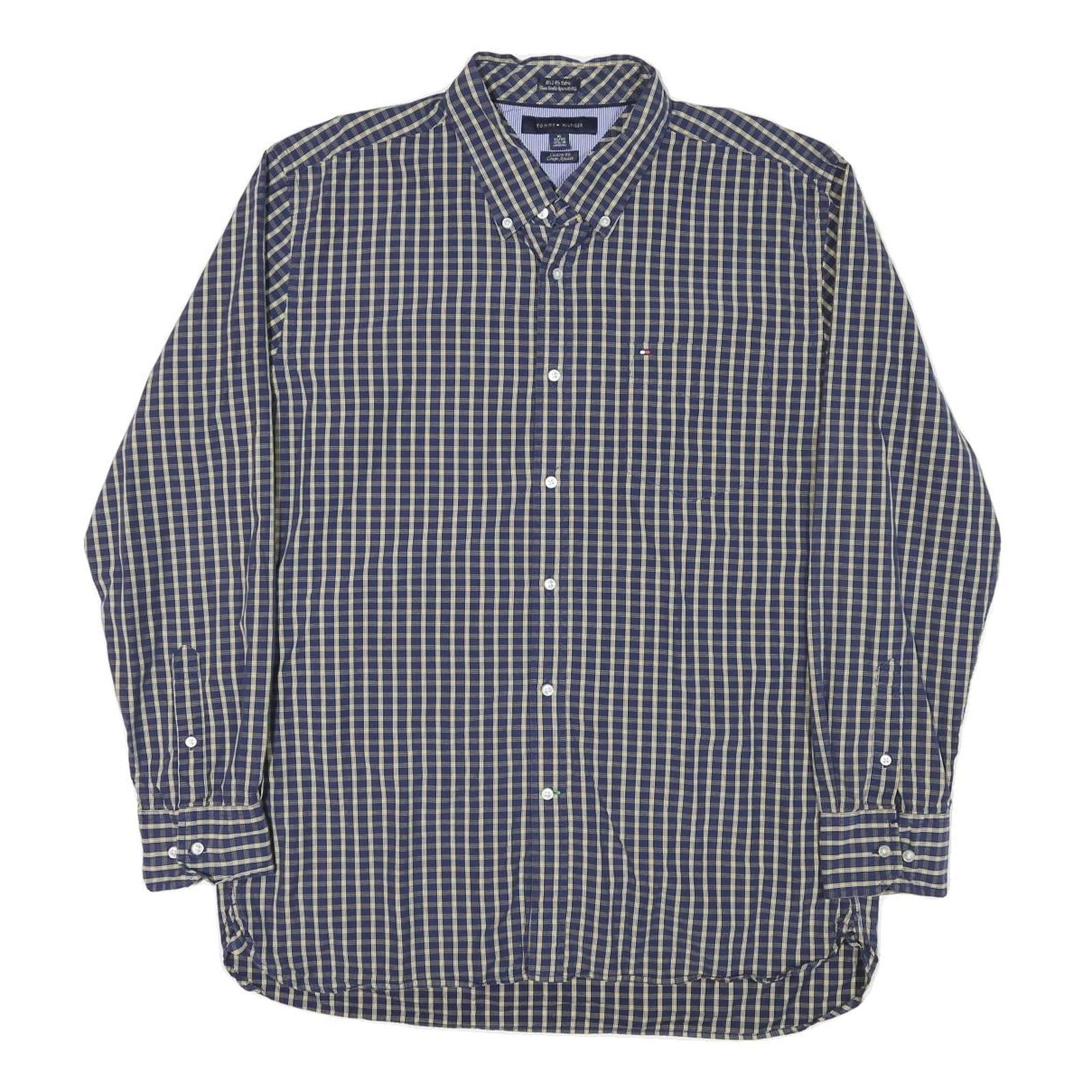 TOMMY HILFIGER Mens Blue Beige Check Shirt XL Button-Down Collar Long Sleeve