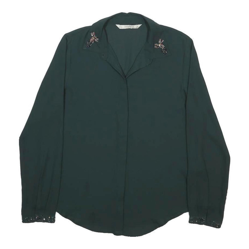 ZARA Womens Green Printed Shirt Long Sleeve Collared M Lightweight Elegant