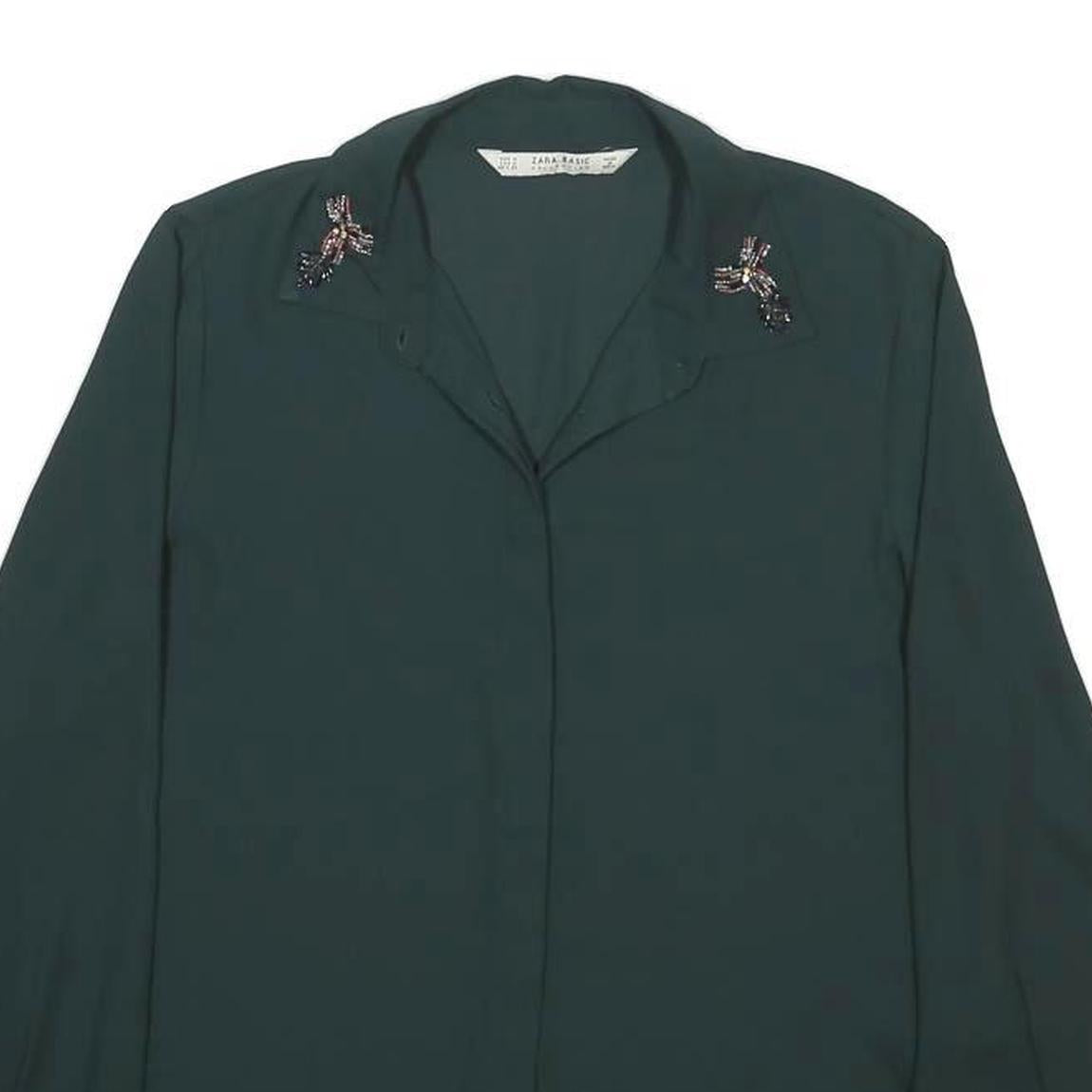 ZARA Womens Green Printed Shirt Long Sleeve Collared M Lightweight Elegant