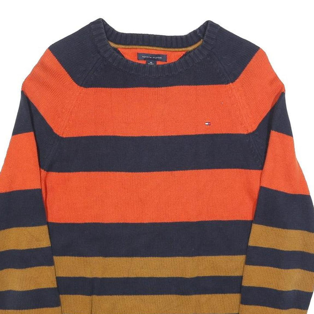TOMMY HILFIGER Boys Navy & Orange Brown Striped Pattern Plain Crew Neck Basic