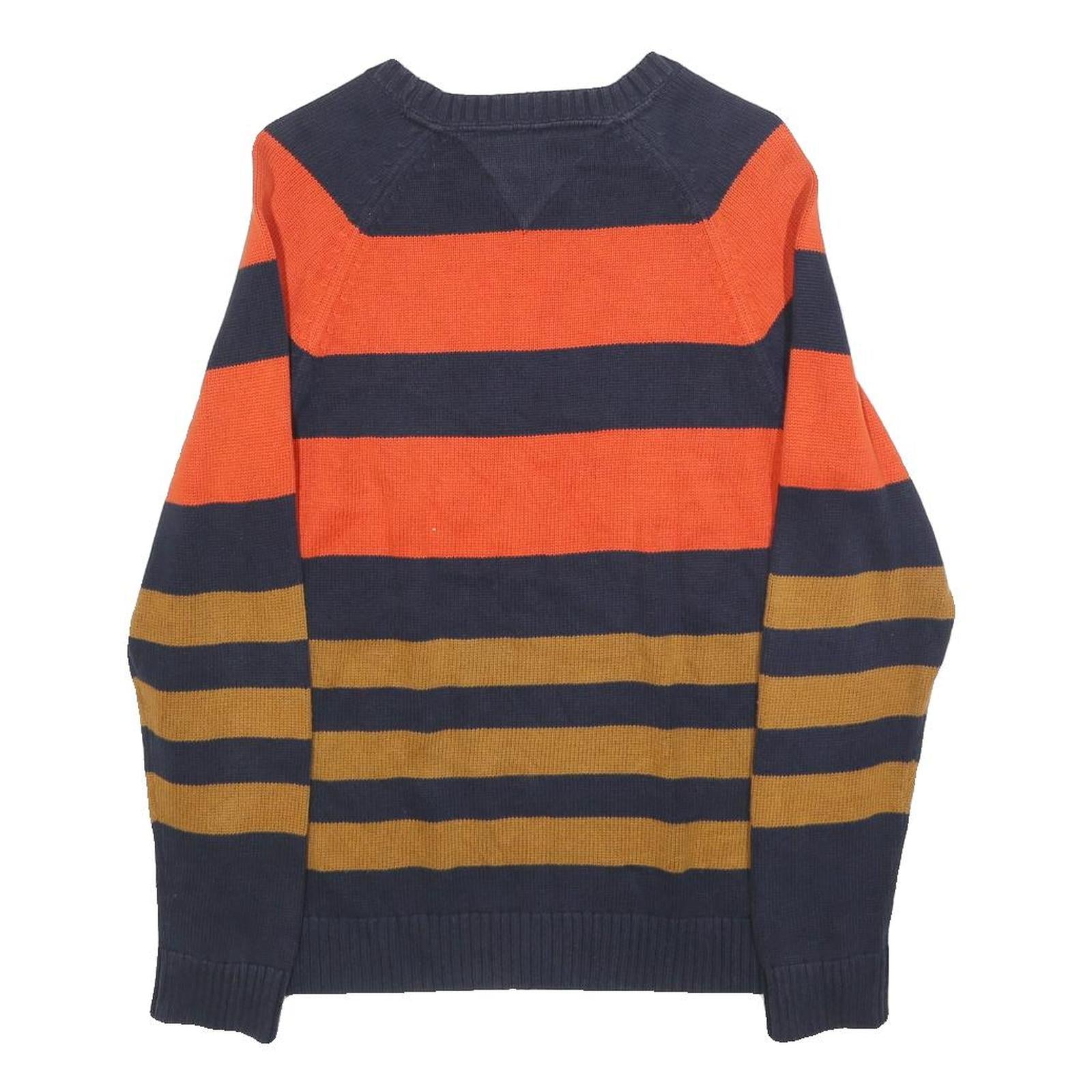 TOMMY HILFIGER Boys Navy & Orange Brown Striped Pattern Plain Crew Neck Basic