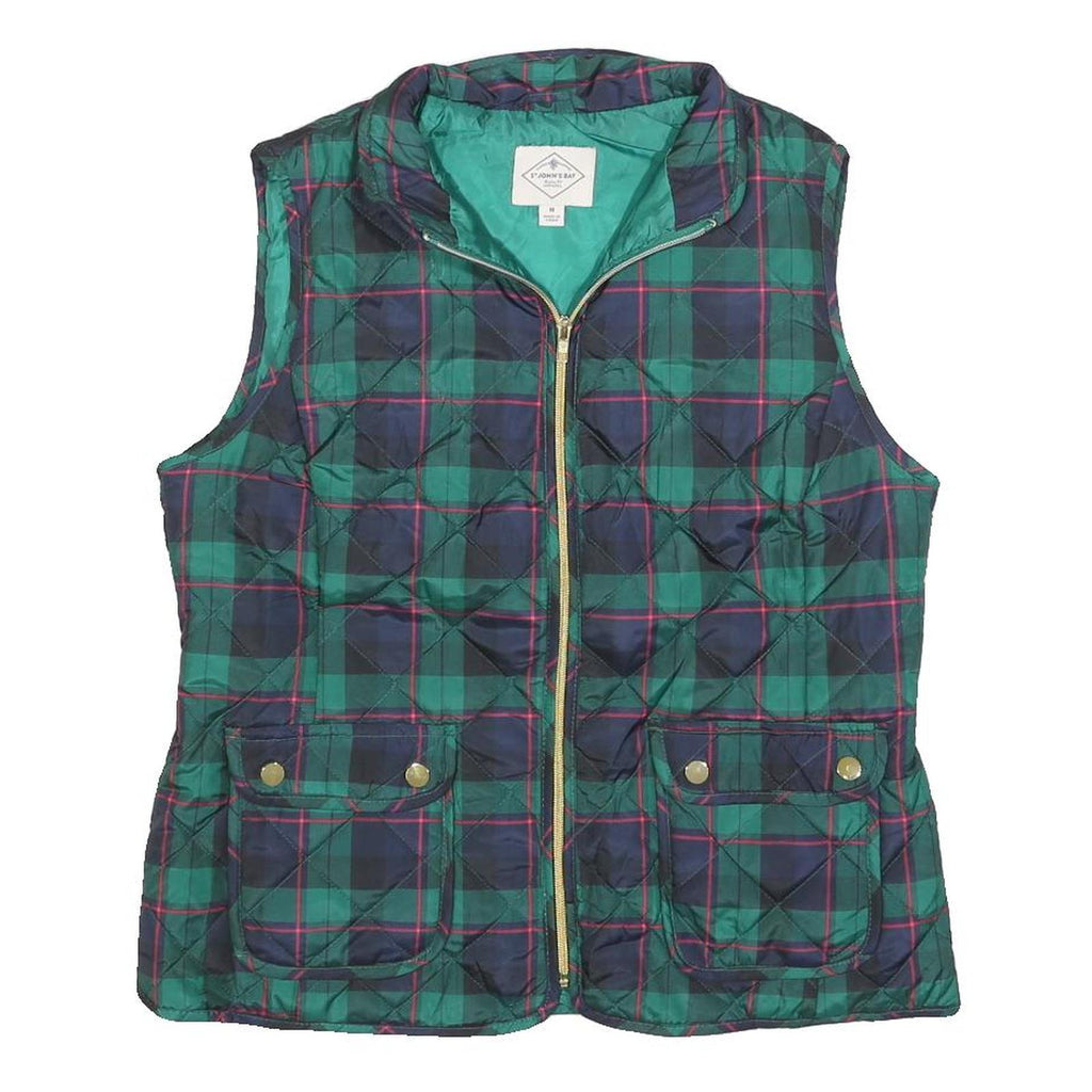 ST JOHNS BAY Womens Green & Blue Tartan Quilted Waistcoat M Polyester Blend Zip