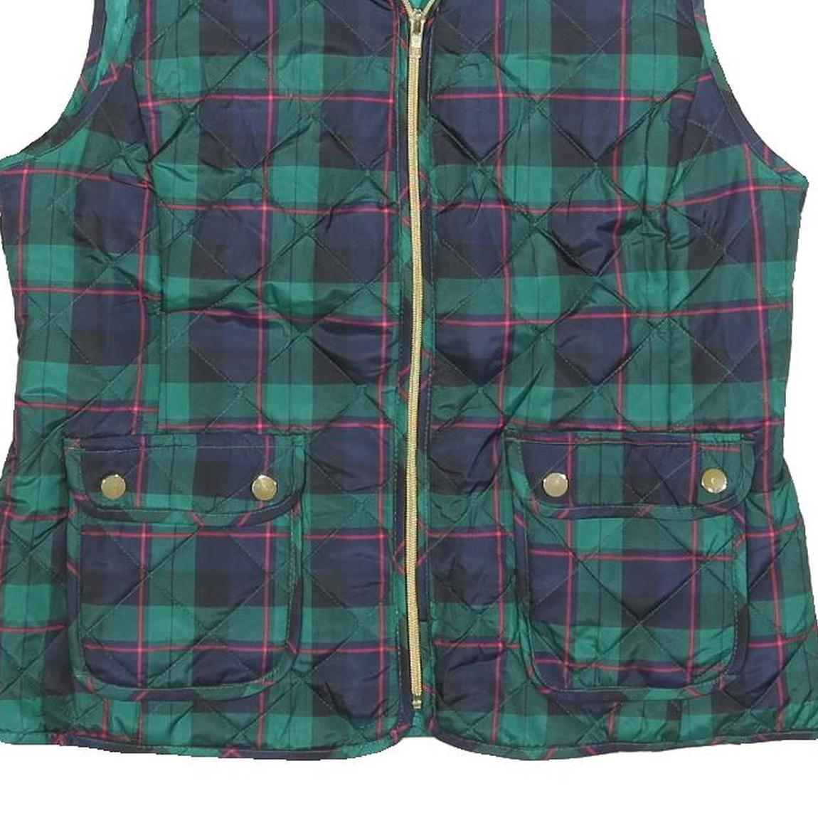 ST JOHNS BAY Womens Green & Blue Tartan Quilted Waistcoat M Polyester Blend Zip