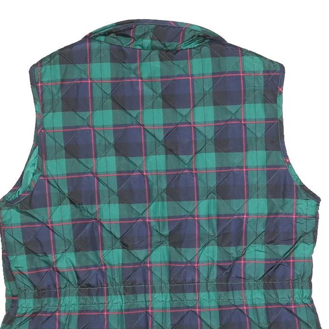 ST JOHNS BAY Womens Green & Blue Tartan Quilted Waistcoat M Polyester Blend Zip