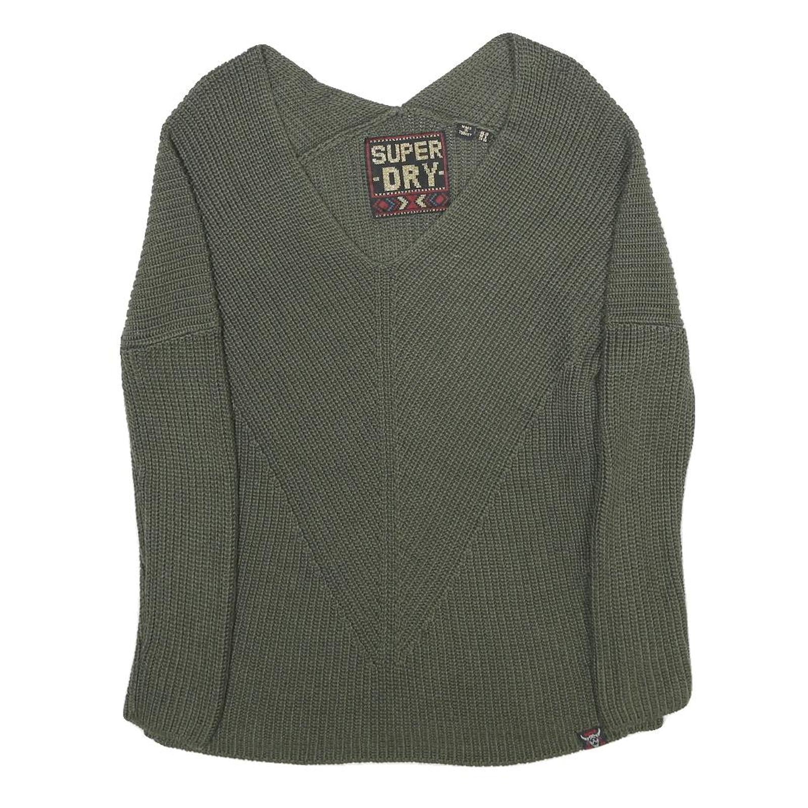 SUPERDRY Womens Green Knit V Neck Chunky Jumper UK 10 Winter Casual Acrylic
