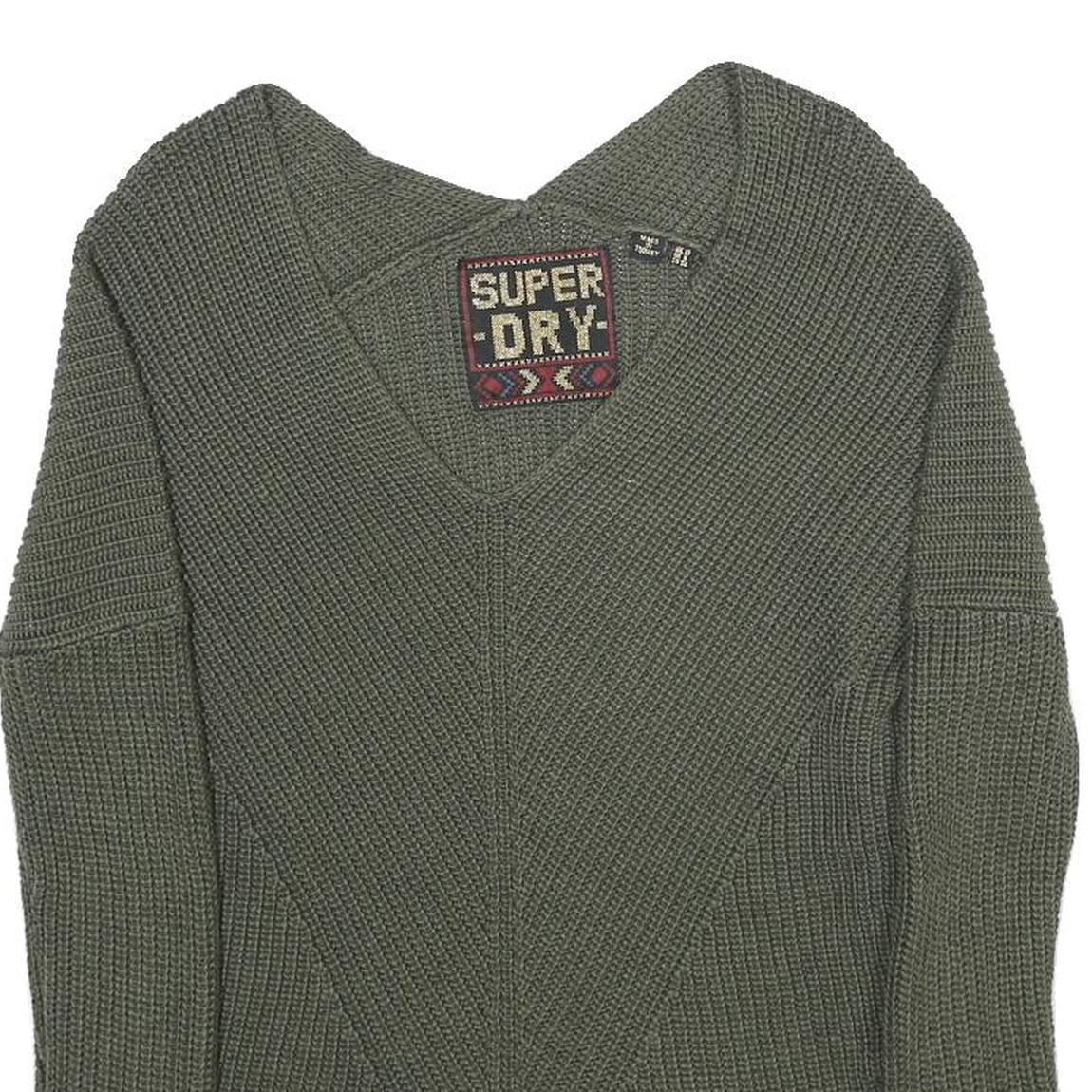 SUPERDRY Womens Green Knit V Neck Chunky Jumper UK 10 Winter Casual Acrylic