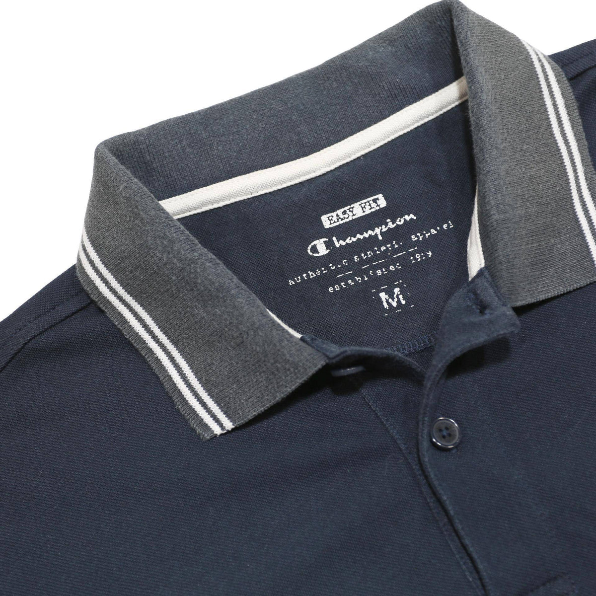 CHAMPION Mens Navy Blue & Grey Short Sleeve Plain Polo Shirt M Cotton Blend