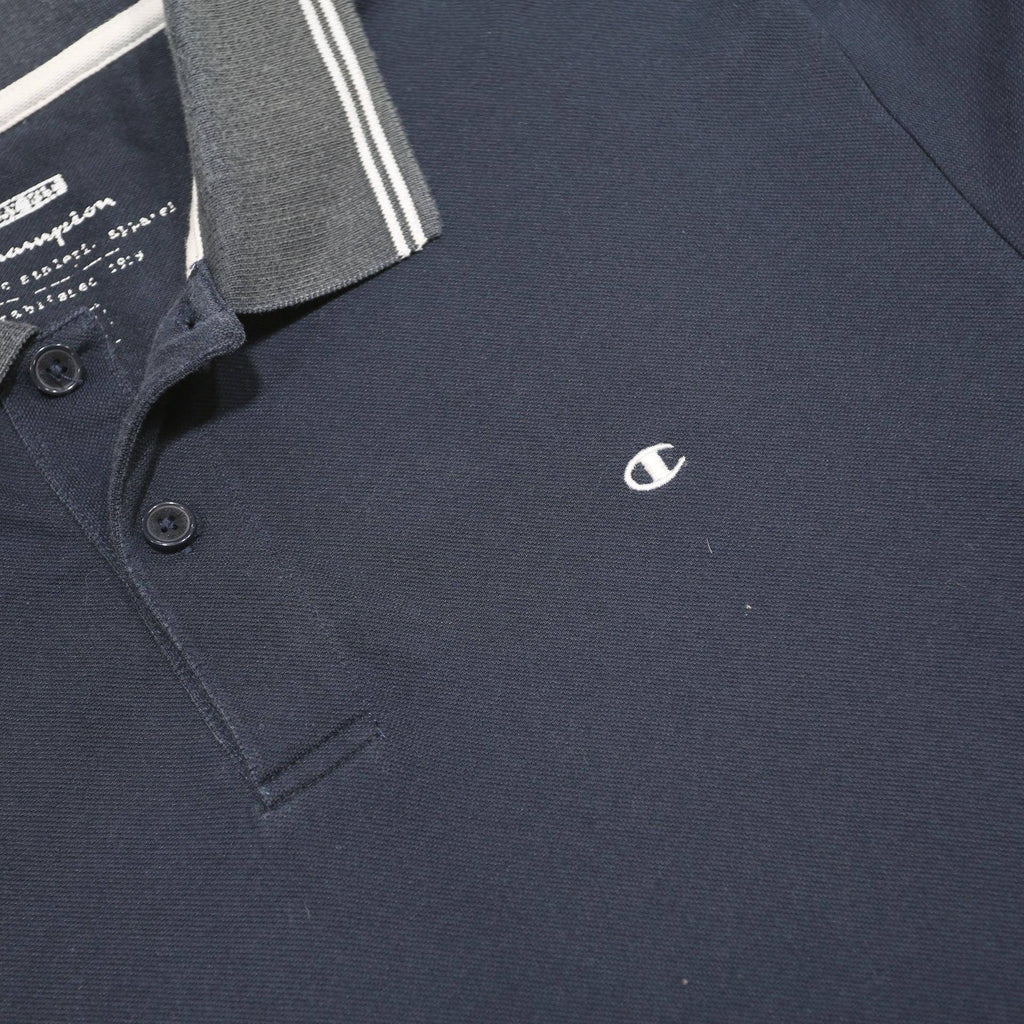 CHAMPION Mens Navy Blue & Grey Short Sleeve Plain Polo Shirt M Cotton Blend