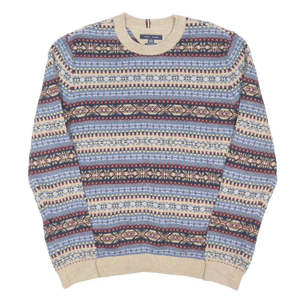 TOMMY HILFIGER Mens Blue Beige Patterned Crew Neck Chunky Knit Jumper 2XL Wool