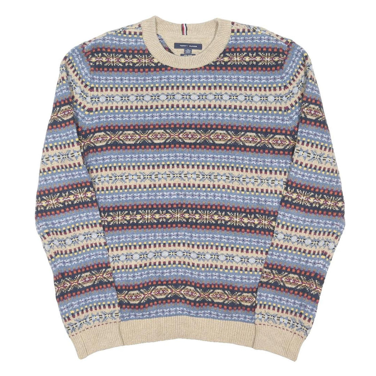 TOMMY HILFIGER Mens Blue Beige Patterned Crew Neck Chunky Knit Jumper 2XL Wool
