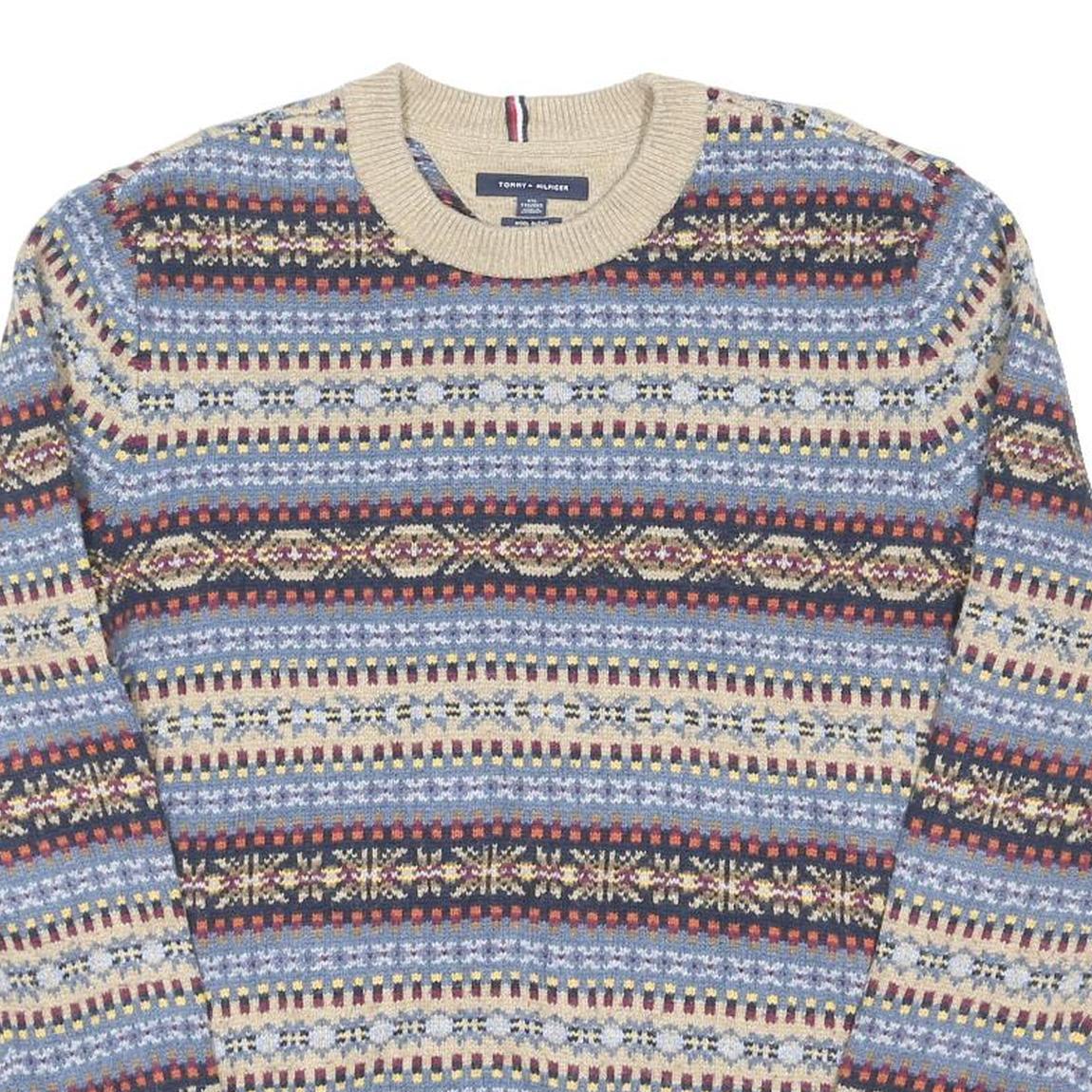 TOMMY HILFIGER Mens Blue Beige Patterned Crew Neck Chunky Knit Jumper 2XL Wool