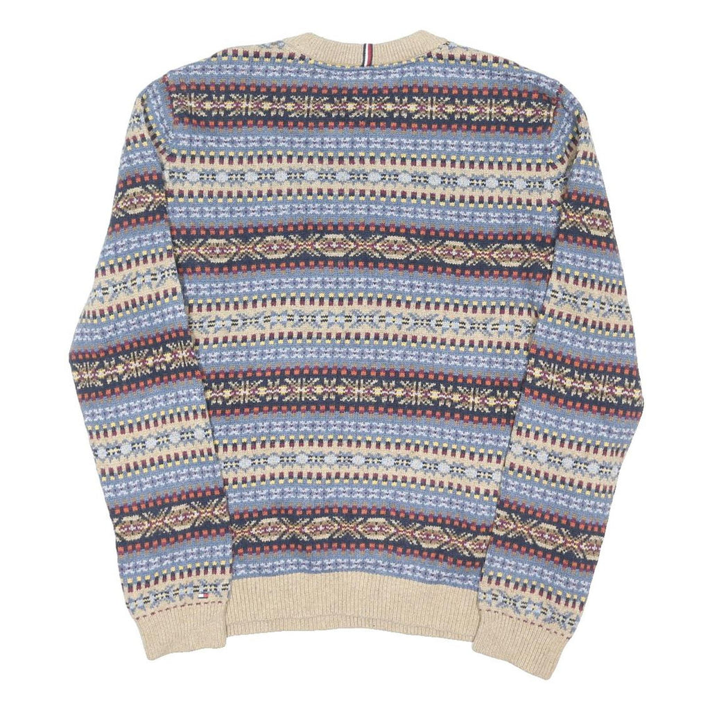 TOMMY HILFIGER Mens Blue Beige Patterned Crew Neck Chunky Knit Jumper 2XL Wool