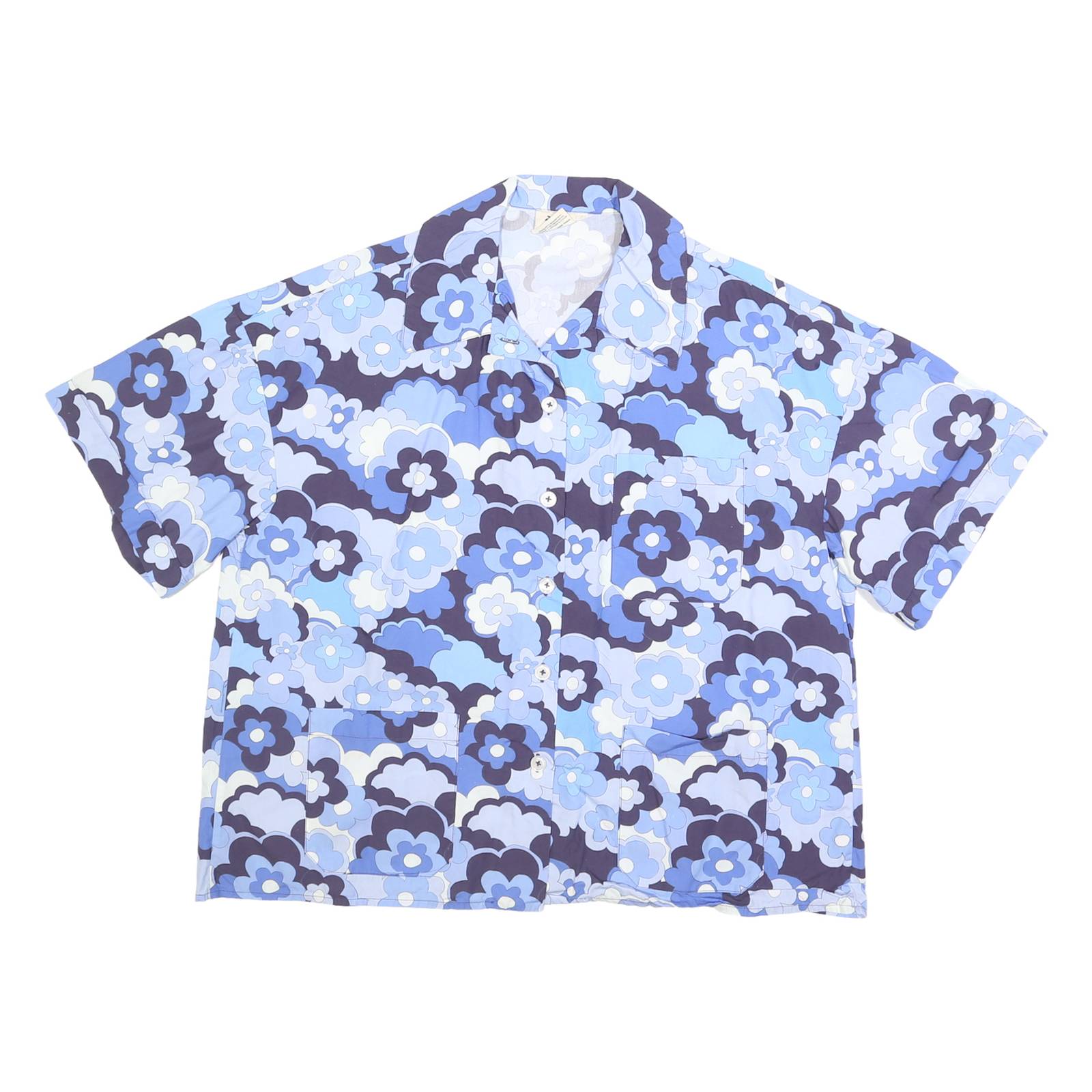 BALOU Womens Blue Floral Print Shirt S Cotton Summer Casual Short Sleeve
