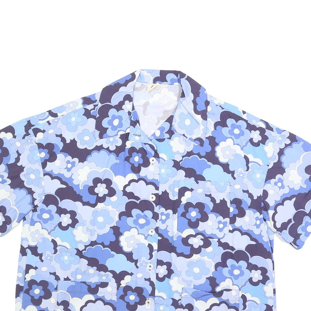 BALOU Womens Blue Floral Print Shirt S Cotton Summer Casual Short Sleeve