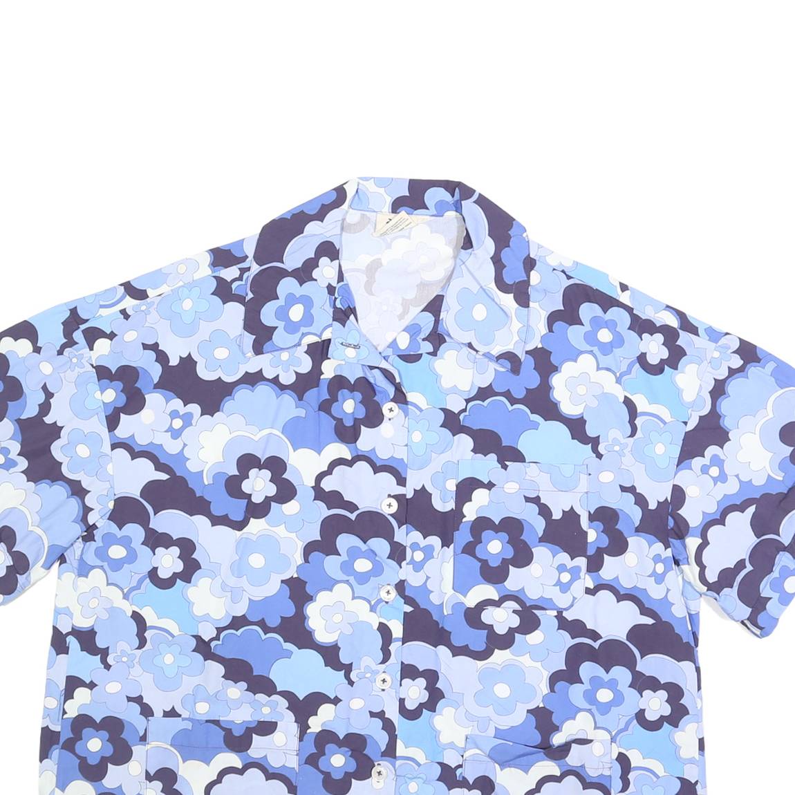 BALOU Womens Blue Floral Print Shirt S Cotton Summer Casual Short Sleeve