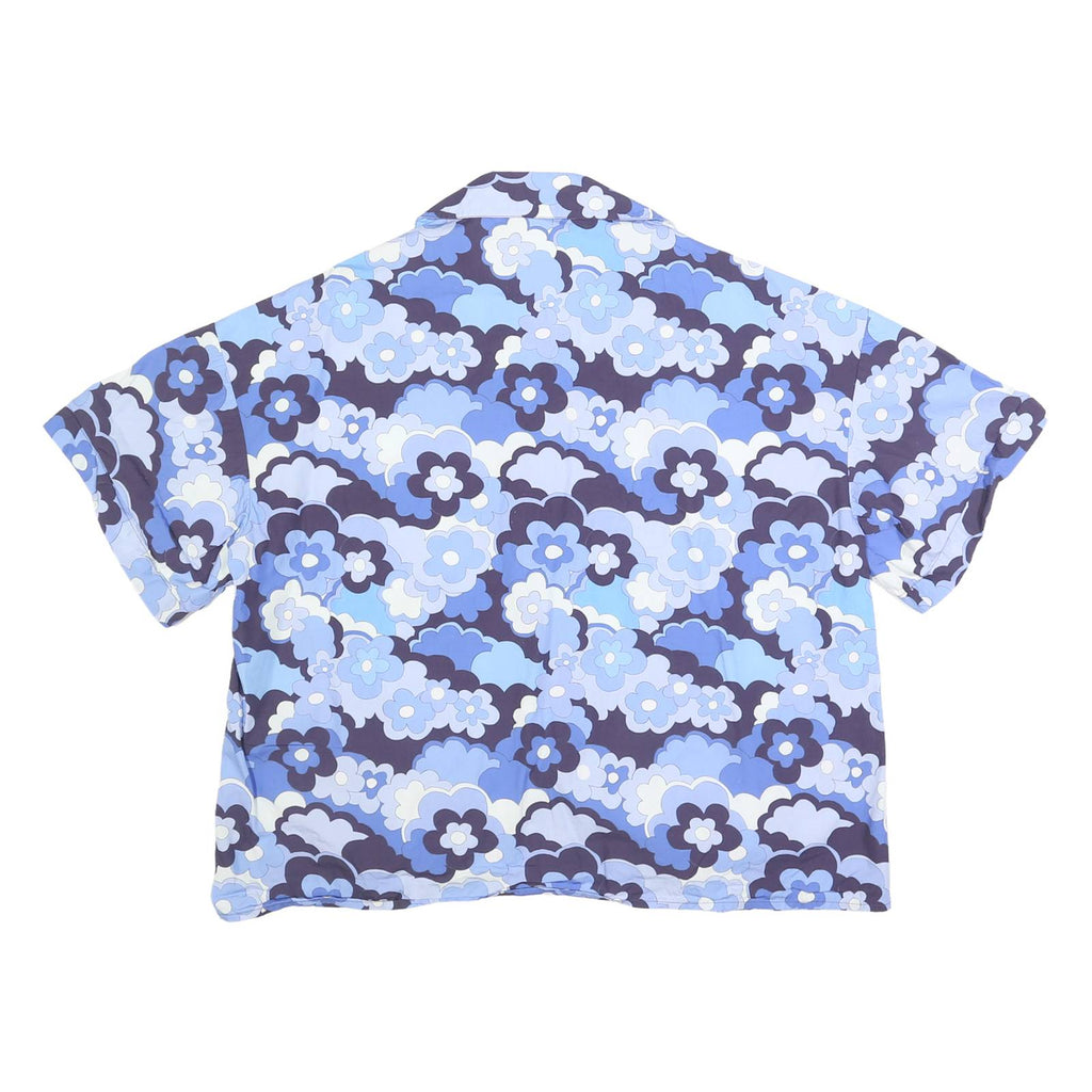 BALOU Womens Blue Floral Print Shirt S Cotton Summer Casual Short Sleeve