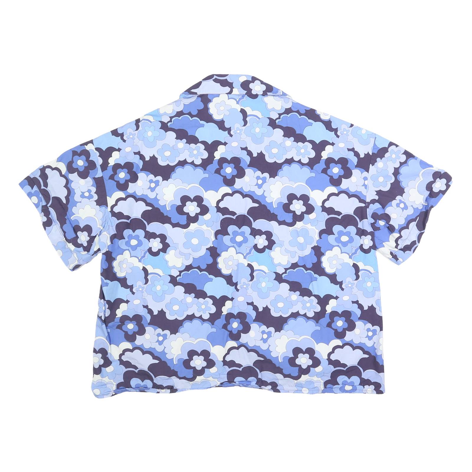BALOU Womens Blue Floral Print Shirt S Cotton Summer Casual Short Sleeve