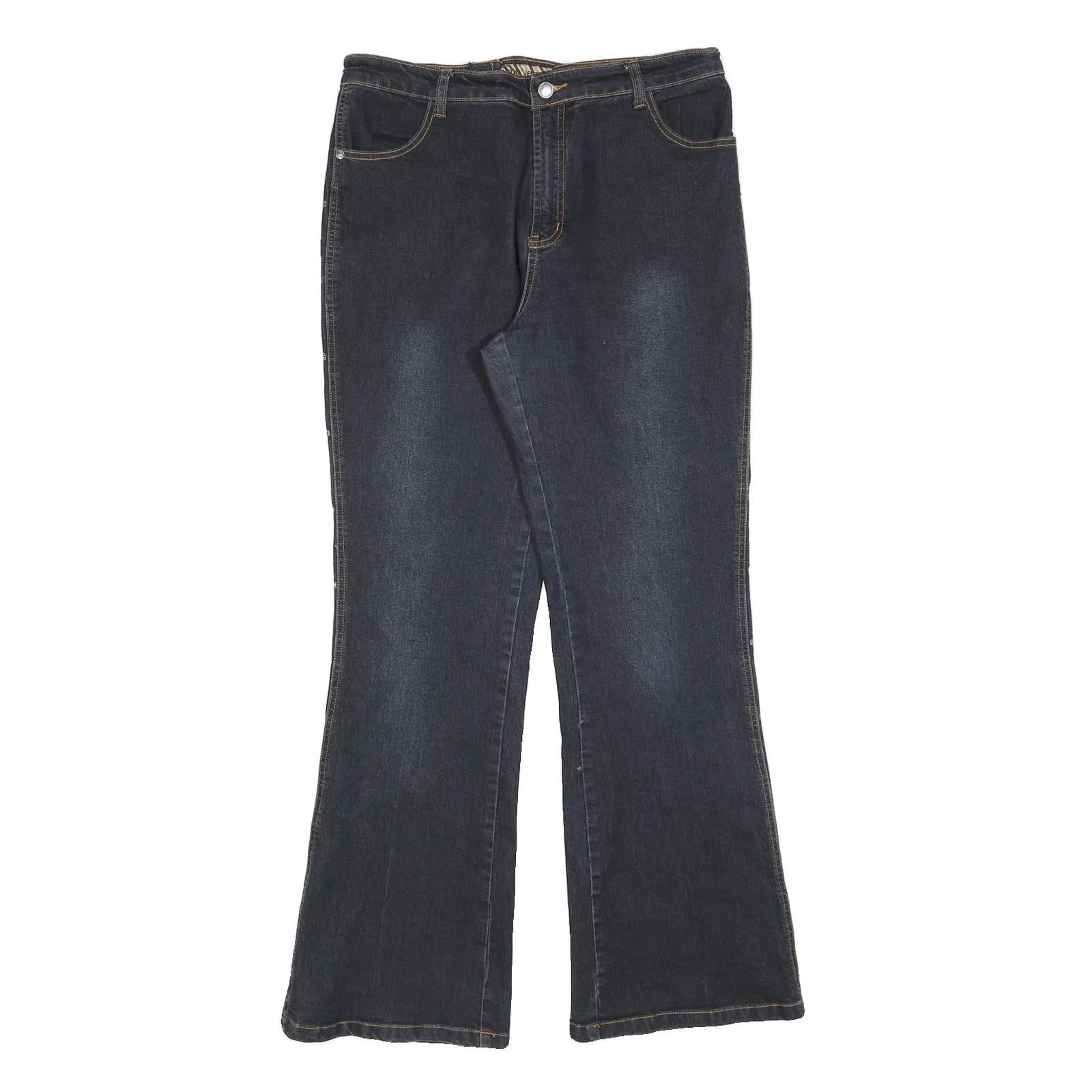 TEMCHE Womens Blue Regular Flared Denim Medium Wash W30 L32 Embroidered Side