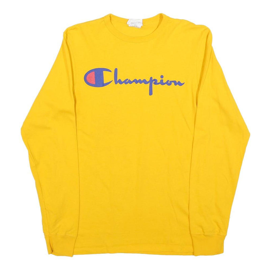 CHAMPION Mens Yellow Long Sleeve Crew Neck Graphic T-Shirt S Cotton Blend