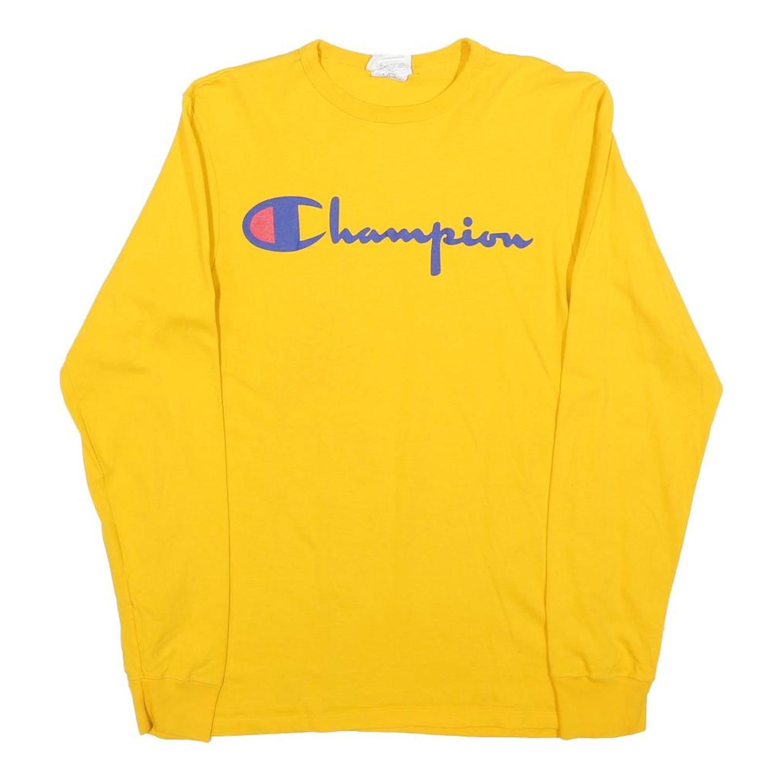 CHAMPION Mens Yellow Long Sleeve Crew Neck Graphic T-Shirt S Cotton Blend