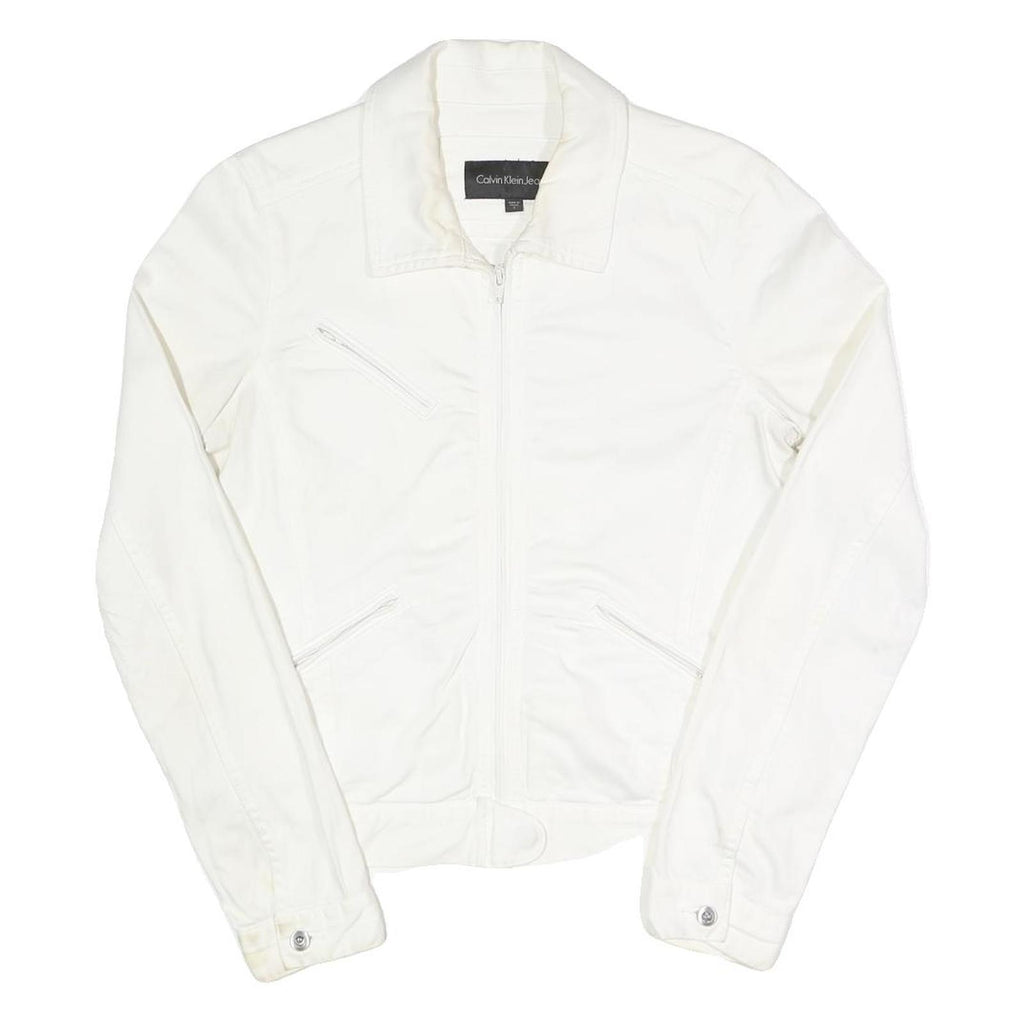 CALVIN KLEIN JEANS Womens White Cotton Blend Zip Jacket S Plain Stylish Classic