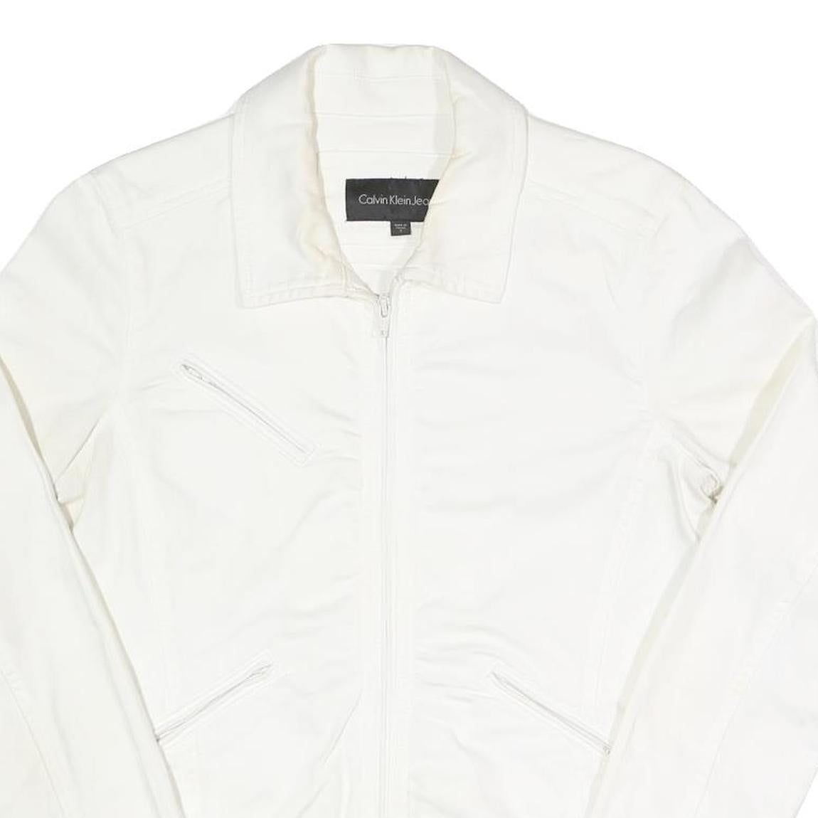 CALVIN KLEIN JEANS Womens White Cotton Blend Zip Jacket S Plain Stylish Classic