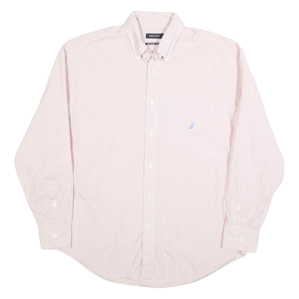 NAUTICA Mens Pink & White Check Shirt L Cotton Blend Button-Down Sleeve