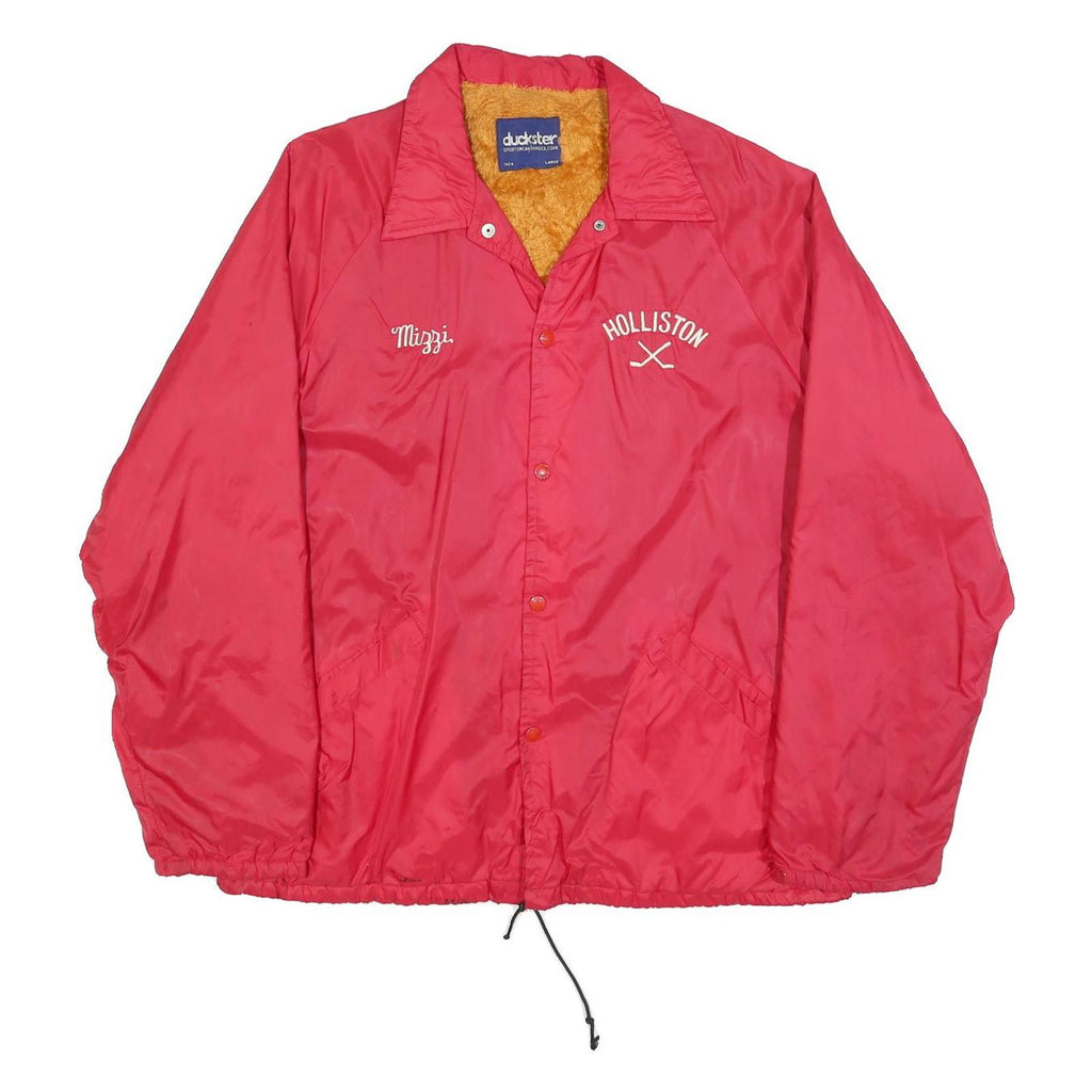 DUCKSTER Mens Red Nylon Button Jacket L Plain Casual Lightweight Warm