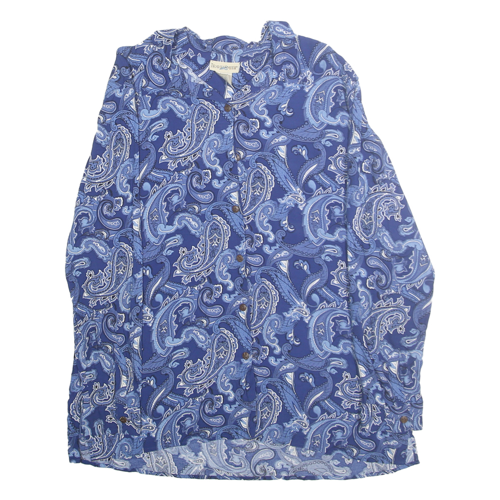 TRAVELSMITH Womens Blue Paisley Shirt L Rayon Long Sleeve Button Closure