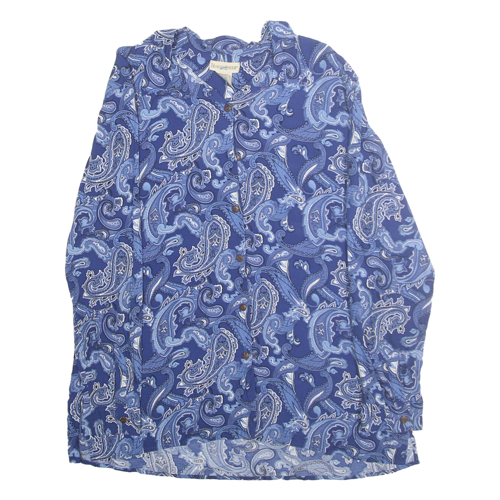 TRAVELSMITH Womens Blue Paisley Shirt L Rayon Long Sleeve Button Closure